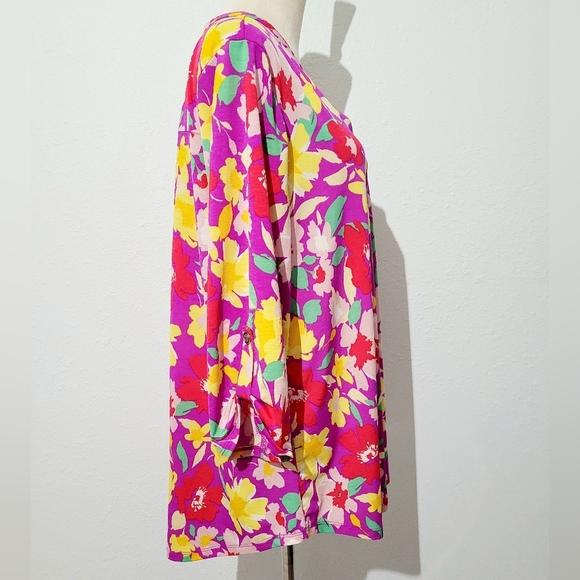 Dear Scarlett Floral Blouse Top Tunic XL Bright Pink Yellow Red Green 3/4 Sleeve - Picture 4 of 12